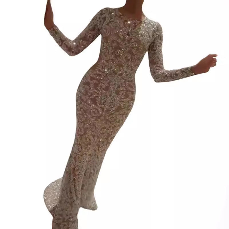 Damen Glamouröses Hochzeitskleid mit funkelnden Pailletten und langen Ärmeln EB