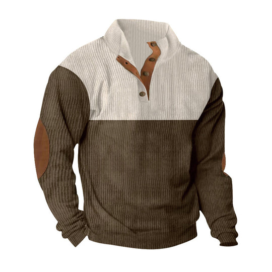 Herren nan gerippter Pullover mit Stehkragen, Knopfleiste und Ellbogen-Patches EB