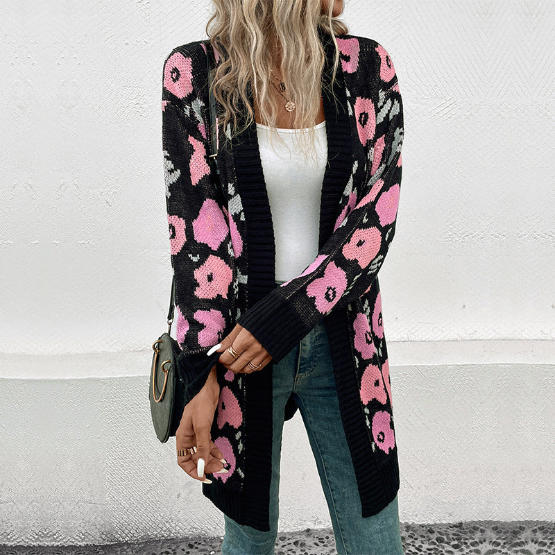 Damen Strickjacke mit floralem Muster und offenem Schnitt EB