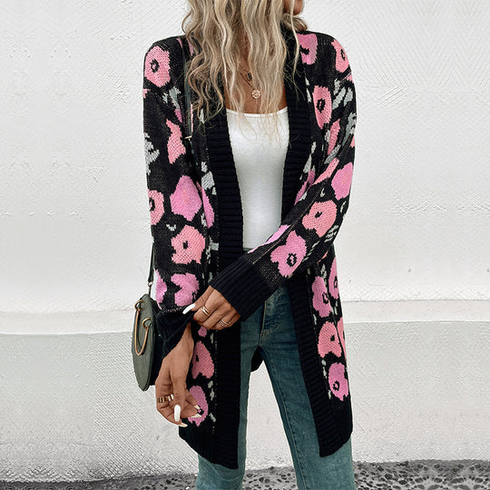 Damen Strickjacke mit floralem Muster und offenem Schnitt EB