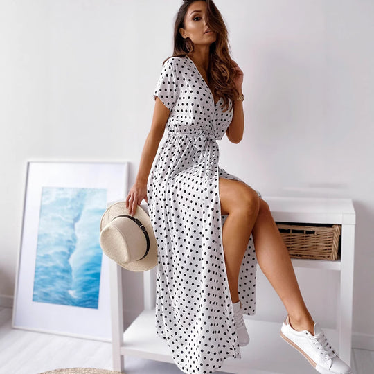Damen Maxikleid mit Polka-Dots und verstellbarem Taillengürtel EB