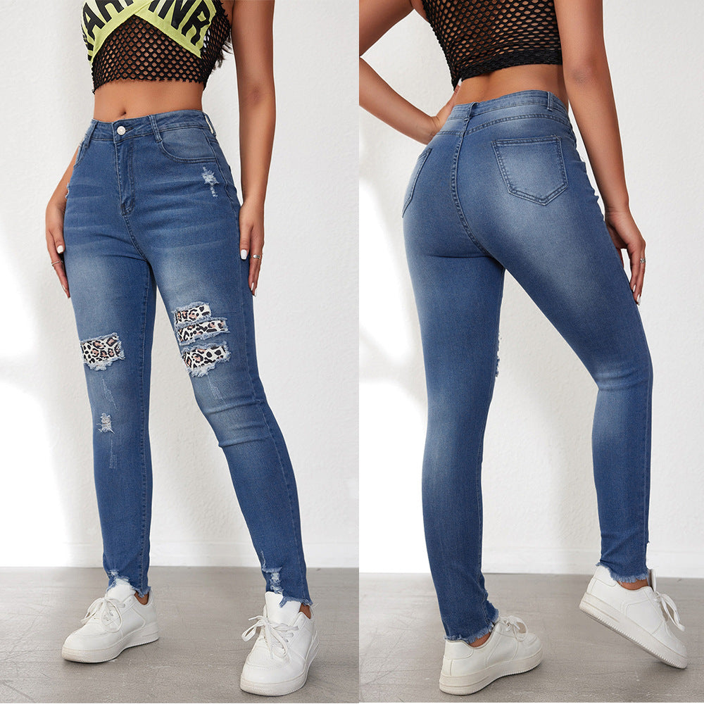 Damen Ripped Skinny Jeans mit modischen Leoparden-Applikationen EB