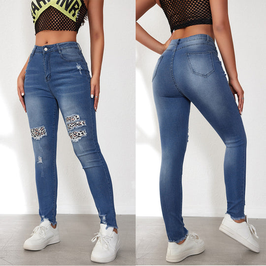 Damen Ripped Skinny Jeans mit modischen Leoparden-Applikationen EB