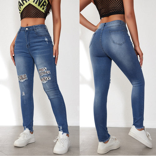 Damen Ripped Skinny Jeans mit modischen Leoparden-Applikationen EB