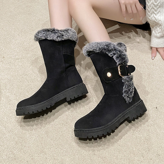 Damen Warmfutter-Stiefel mit modischem Fellkragen und eleganter Schnalle EB