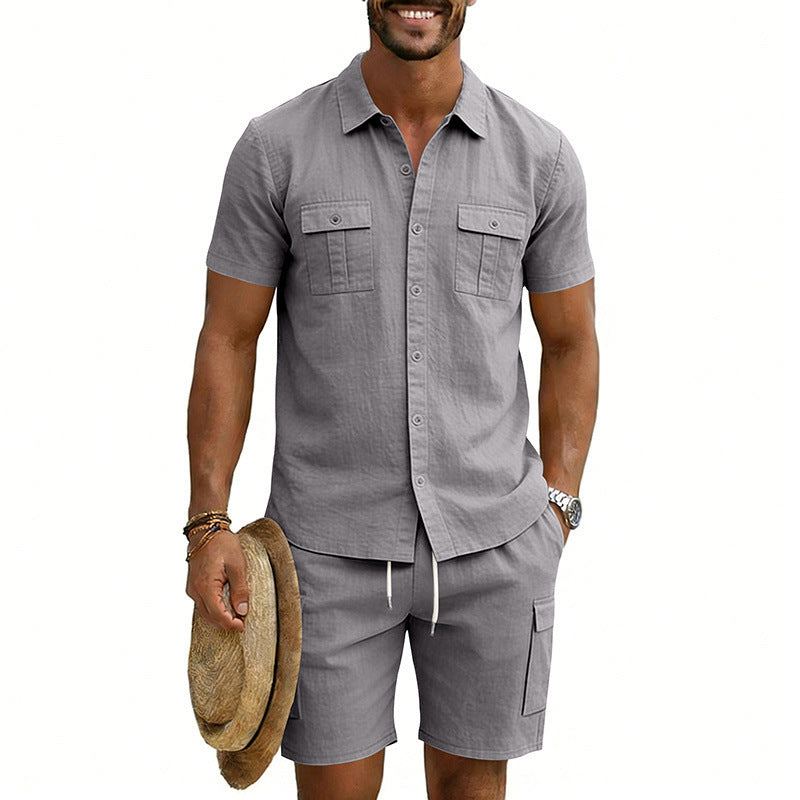 Herren nan sommerliches Freizeitset aus Baumwoll-Leinenmix mit Kurzarm-Hemd und Cargo-Shorts EB