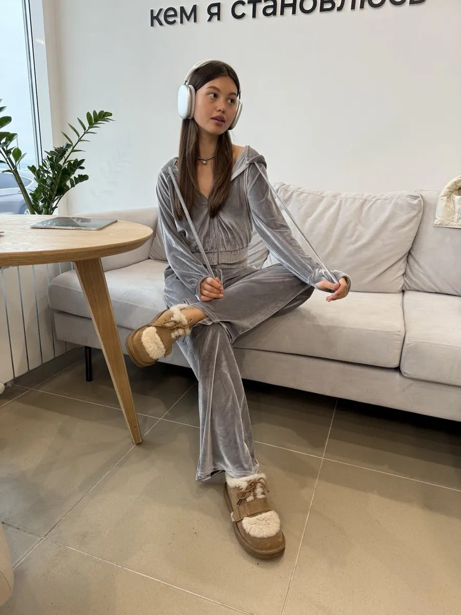 Damen Velours-Cropped-Hoodie und High-Waist Palazzo-Jogginghose Set EB