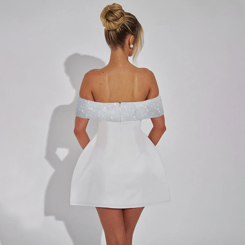 Damen Off-Shoulder Minikleid mit schimmerndem Bustier-Oberteil EB