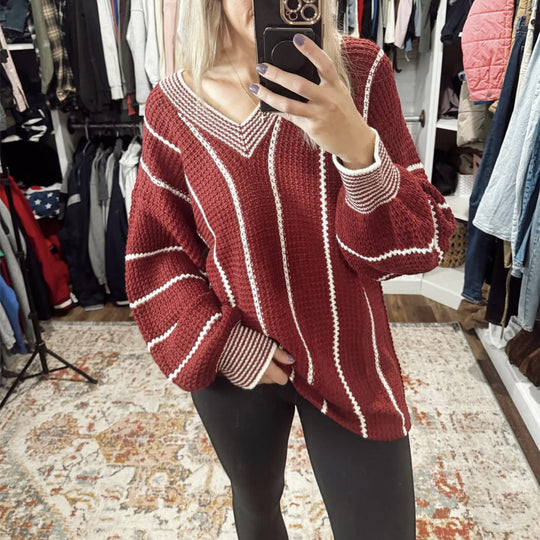Damen Cropped Strickpullover mit V-Ausschnitt, Waffelstruktur und kontrastierenden Streifen EB