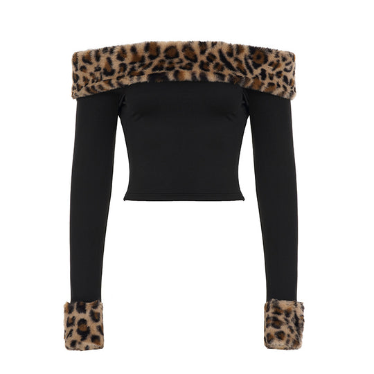 Damen nan schulterfreies Crop-Top mit kunstfellkragen und Manschetten im Leopardenmuster EB