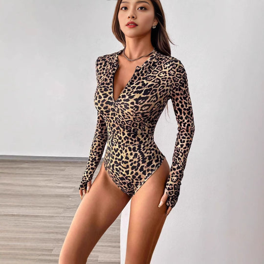 Damen Langarm Body mit V-Ausschnitt im Animal-Print EB