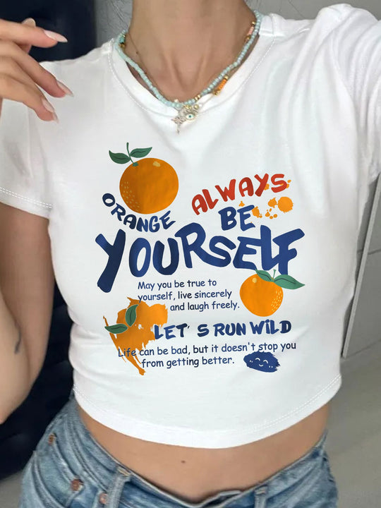 Damen Crop-T-Shirt mit inspirierendem Schriftzug und fröhlichem Obstmotiv EB