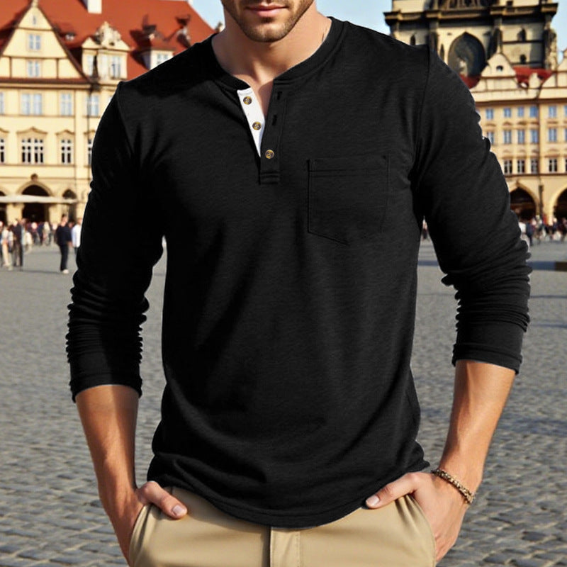 Herren Langarm-Henley-Shirt mit modischem Knopfdesign und praktischer Brusttasche EB