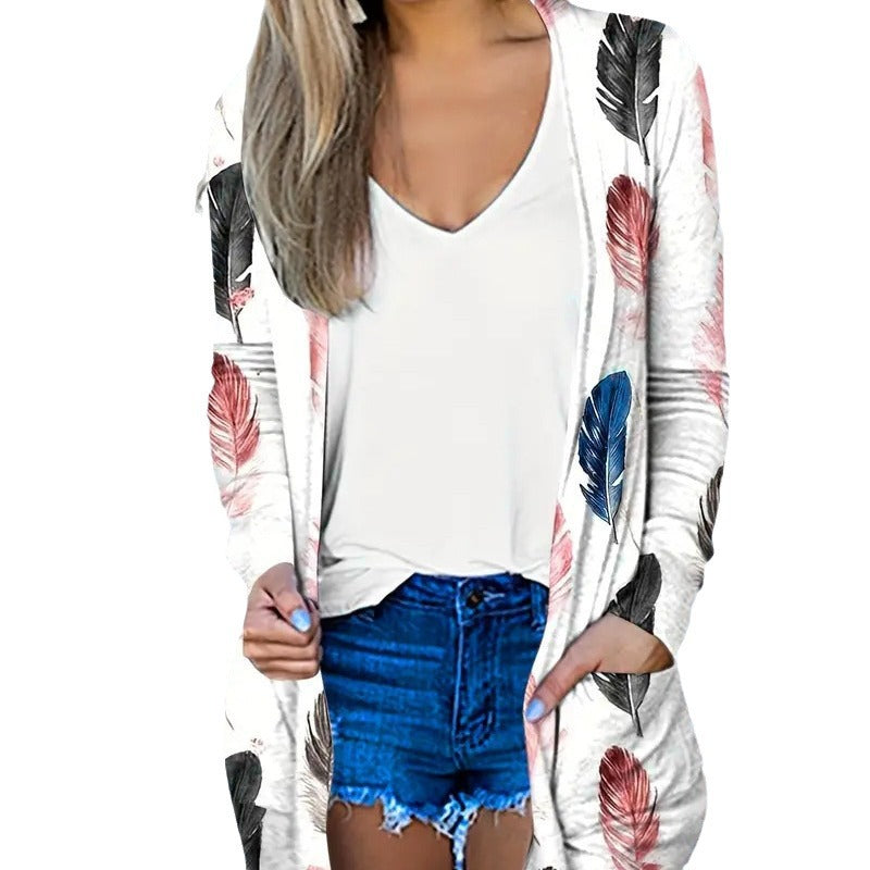 Damen Langer Cardigan mit floralem Muster und praktischen Taschen EB