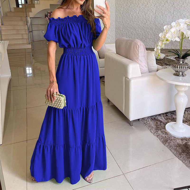 Damen Maxikleid mit schulterfreiem Design und voluminösen Rüschendetails EB