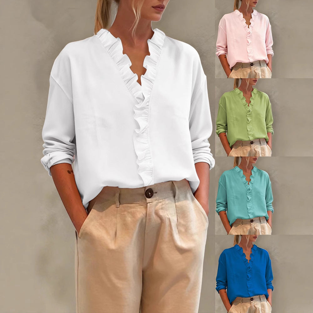 Damen Elegante V-Ausschnitt Bluse mit Volantbesatz und lockerem Oversize-Schnitt EB
