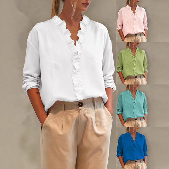 Damen Elegante V-Ausschnitt Bluse mit Volantbesatz und lockerem Oversize-Schnitt EB