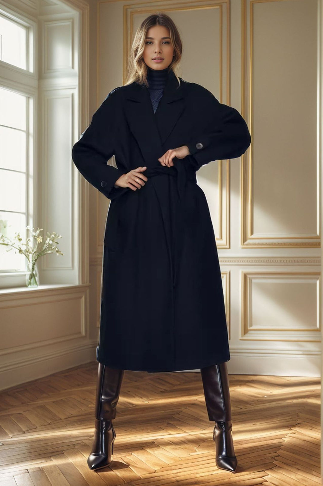 Damen eleganter langer Mantel mit breitem Revers und Gürtel EB