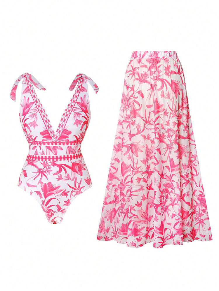 Damen Badeanzug mit floralem Design und passendem Maxirock EB