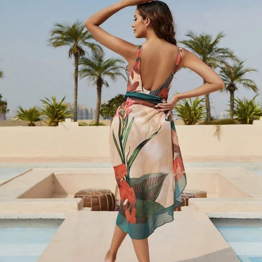Damen Eleganter Wickel-Badeanzug mit floralen Designs und passendem Überrock EB