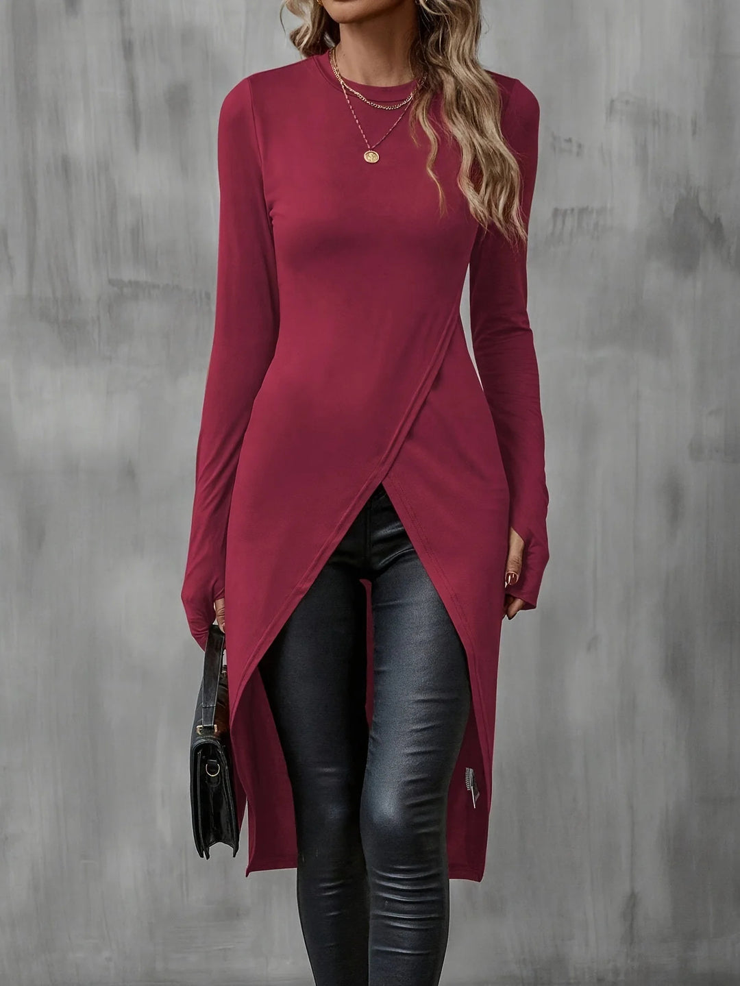 Damen Langes asymmetrisches Wickel-Tunika-Top mit Frontschlitz EB