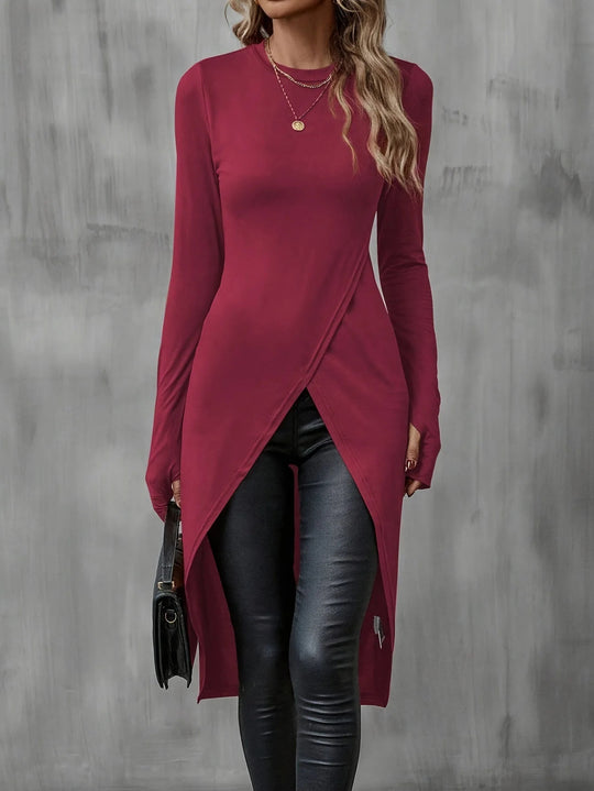 Damen Langes asymmetrisches Wickel-Tunika-Top mit Frontschlitz EB
