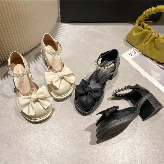 Damen Elegante Absatzschuhe mit dekorativen Perlen und Schleifen-Design EB