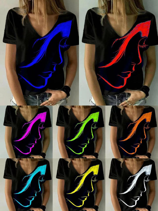 Damen V-Ausschnitt T-Shirt mit kreativem Grafikdruck EB