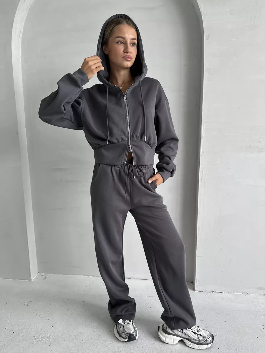 Damen Zweiteiliges Loungewear-Set mit gekürzter Zip-Kapuzenjacke und weitem High‑Waist Jogginghose EB