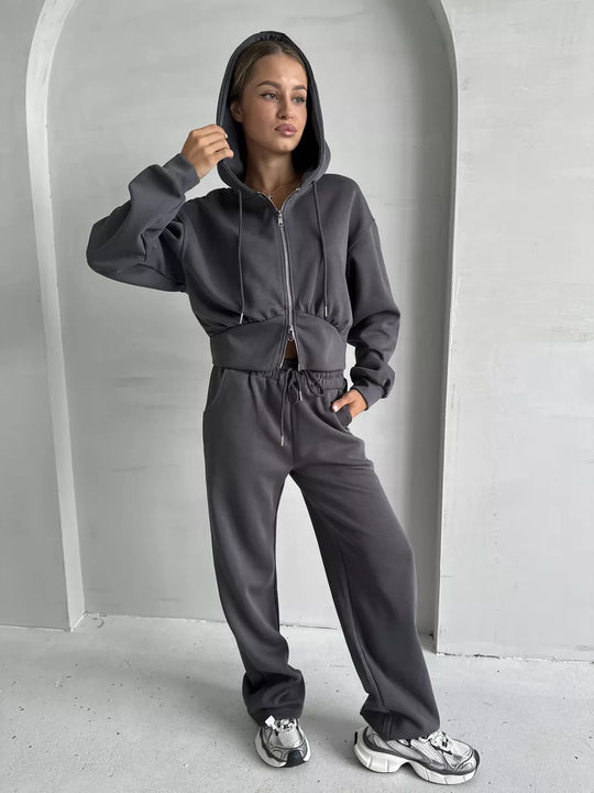 Damen Zweiteiliges Loungewear-Set mit gekürzter Zip-Kapuzenjacke und weitem High‑Waist Jogginghose EB