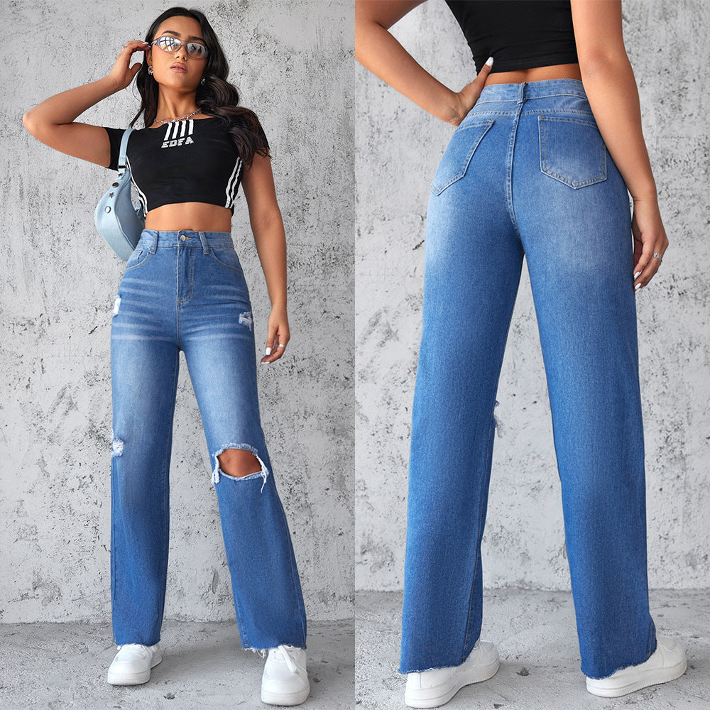 Damen Weit geschnittene Ripped Jeans mit hohem Bund EB