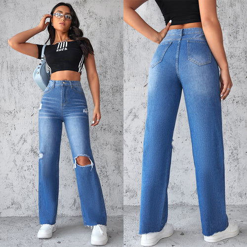 Damen Weit geschnittene Ripped Jeans mit hohem Bund EB