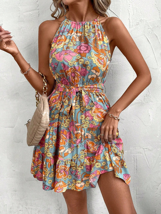 Damen Freizeitkleid mit floralen Druckdetails und Taillengürtel EB