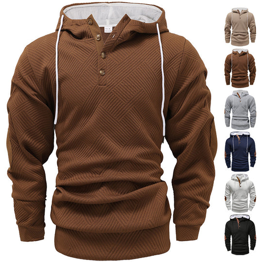 Herren nan strukturierter Kapuzenpullover im Henley-Stil mit Kontrastbesatz und Ellenbogenaufnähern EB
