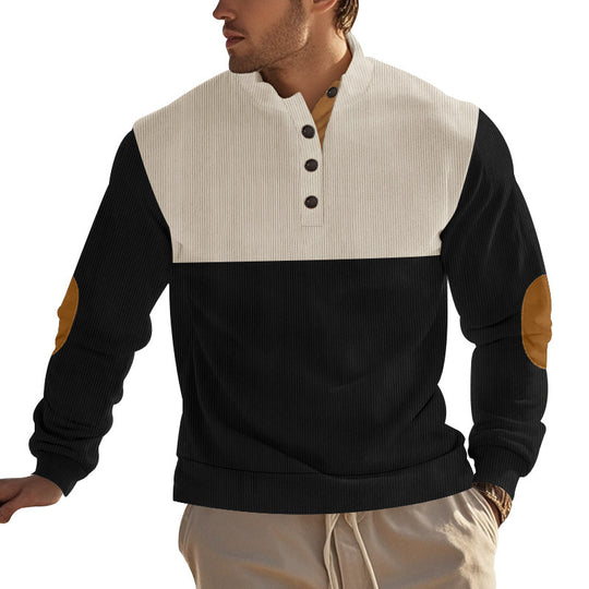 Herren nan Rippenstrickpullover mit Stehkragen Knopfleiste und Leder-Ellbogenpatches EB