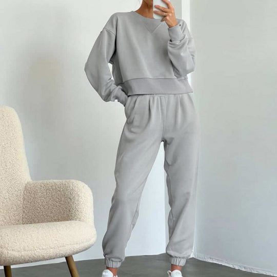 Damen nan Cropped-Sweater-Set mit V-Nahtdetail und hoher Taille Jogginghose EB