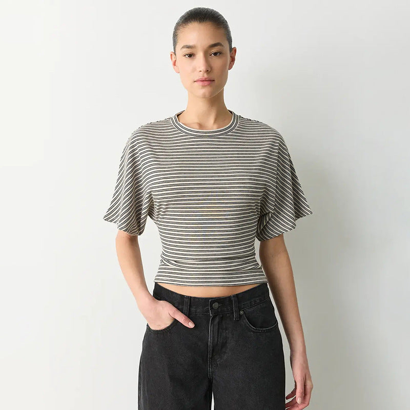 Damen modernes Kurzarm-Top mit lässigem Streifenmuster und elegantem Schnitt EB