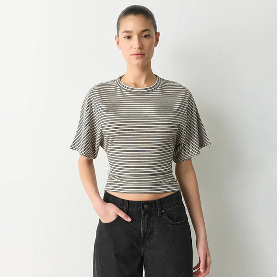 Damen modernes Kurzarm-Top mit lässigem Streifenmuster und elegantem Schnitt EB