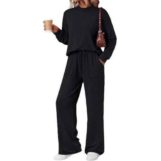 Damen Loungewear-Zweiteiler aus weichem Jersey mit Rundhalsausschnitt und weitem Kordelzug-Hose EB
