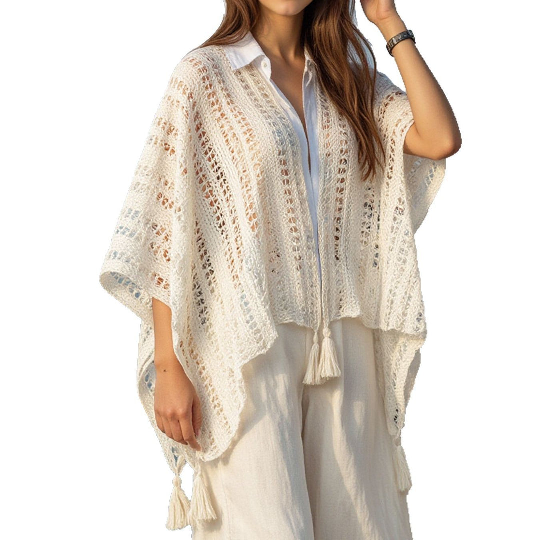 Damen luftiger Strickponcho mit Fransen EB