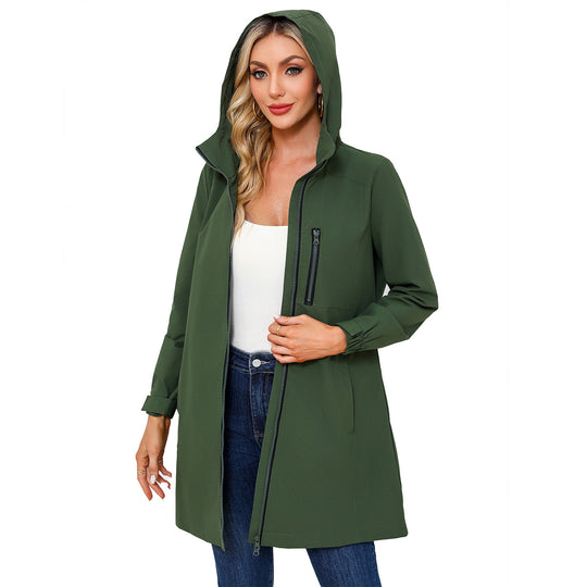 Damen nan lange schlanke Funktionsregenjacke mit durchgehendem Reißverschluss Brustreißverschlusstasche und Klettmanschetten EB