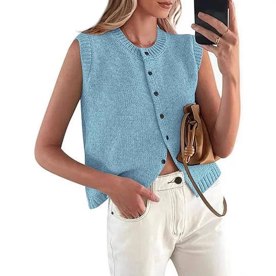 Damen lässige Strickweste mit Knopfleiste und Rundhalsausschnitt EB
