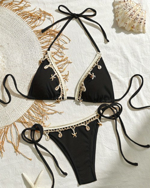 Damen Triangel-Bikini mit dekorativen Schnürdetails und zarten Rüschenelementen EB