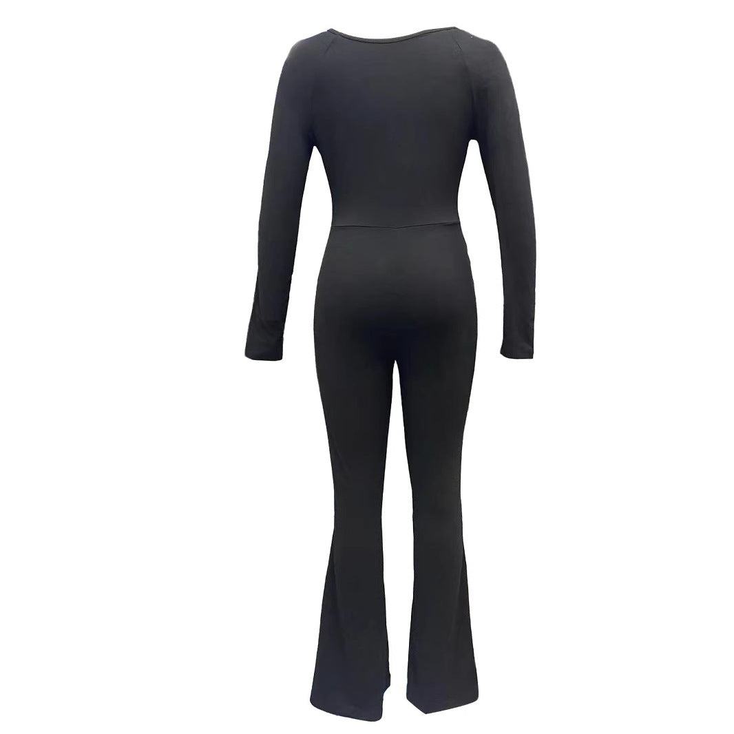 Damen Eleganter Jumpsuit mit weitem Bein und langen Ärmeln EB