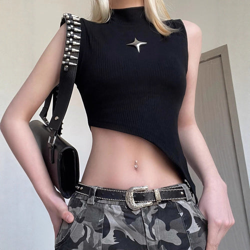 Damen modernes asymmetrisches Oberteil mit elegantem Stehkragen und metallischen Akzenten EB