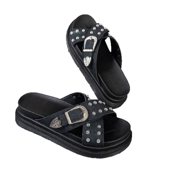 Damen Wedge-Pantoletten mit modischem Riemendesign und hochwertigen Metallakzenten EB