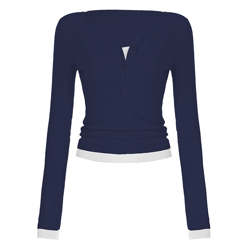 Damen nan tailliertes Henley-Crop-Longsleeve mit kontrastierenden Saum- und Ärmelbündchen EB