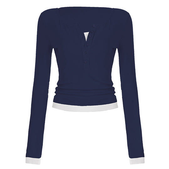 Damen nan tailliertes Henley-Crop-Longsleeve mit kontrastierenden Saum- und Ärmelbündchen EB