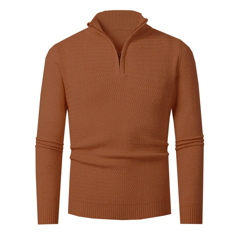 Herren nan Feinstrick-Halbzip-Pullover mit strukturierter Wellenoptik und Stehkragen EB