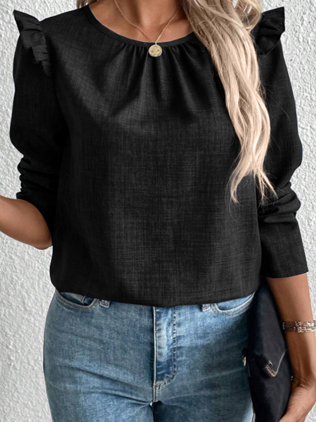 Damen Elegante Bluse mit Rüschendetails und Rundhalsausschnitt EB